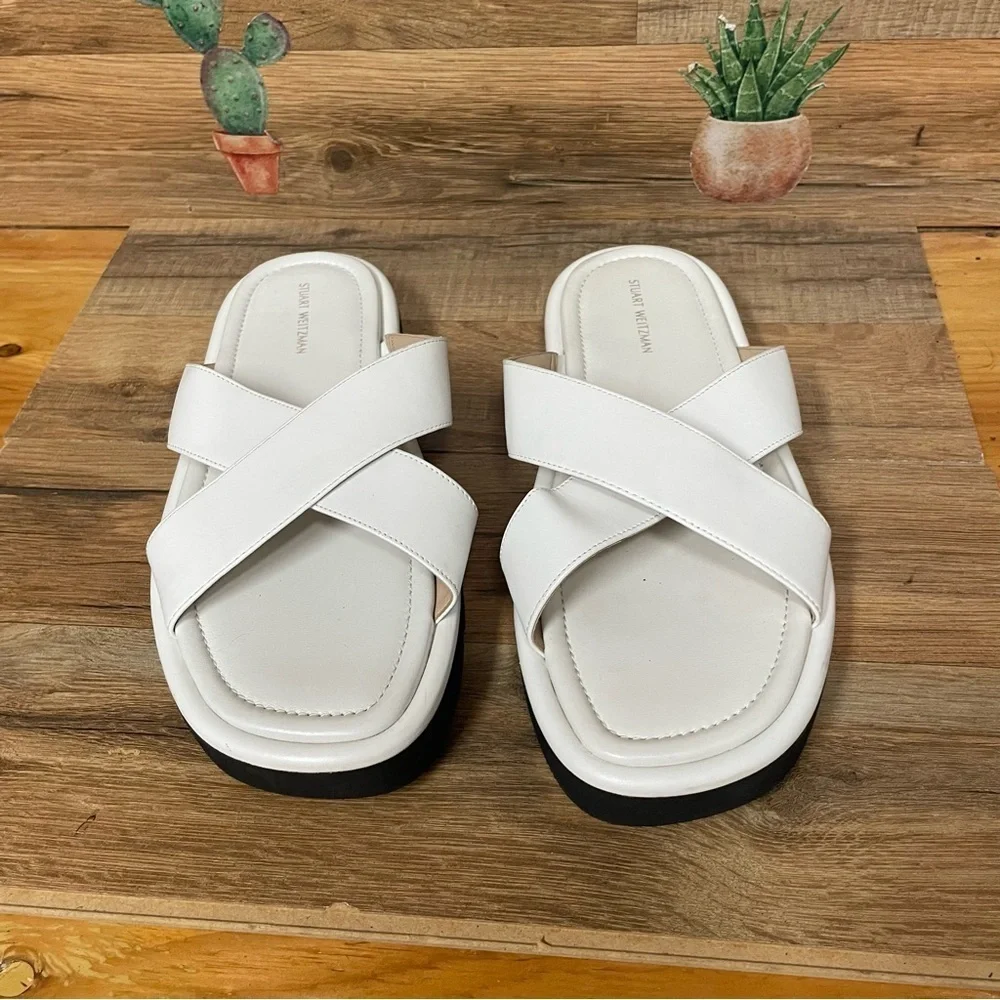Stuart Weitzman Elodie Leather Slide Sandal Womens size 9 white neutral